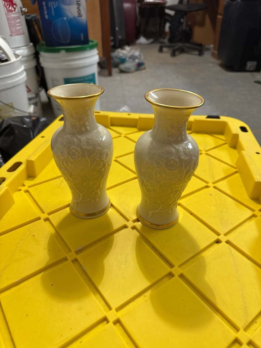 Pair of Vintage Lenox Ming Blossom Ivory Bone China Vases with 24K Gold Trim